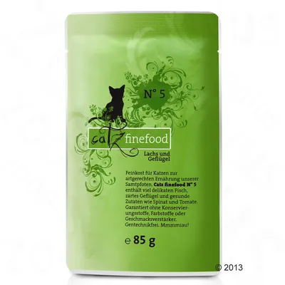 Пауч Catz finefood N° 5, Lachs und Geflügel, 85 г. Текст на немски: съдържа риба, птиче месо, спанак и домати. Без консерванти, оцветители, овкусители, без ГМО.