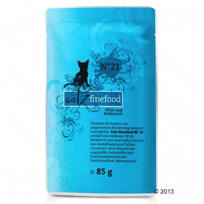 Пауч Catz finefood N°21 Wild und Rotbarsch, 85 г. Текст на немски език: съставки и гаранции за отсъствие на консерванти, оцветители и ГМО.