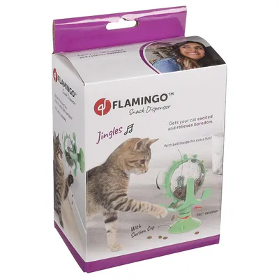 Flamingo Snack Dispenser imukupilla, Jingles kellolla lisähauskuuteen, 360° pyöritys. Edistää aktiivisuutta ja lievittää kissojen tylsyyttä.