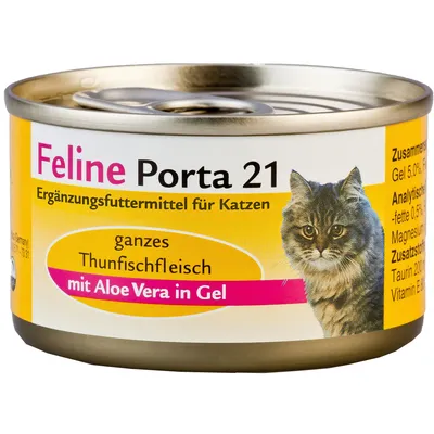 Feline Porta 21 - täysinäistä tonnikalalihaa ja aloe veraa geelissä, täydennysravinto kissoille. Saksankielinen teksti: ganzes Thunfischfleisch, mit Aloe Vera in Gel.