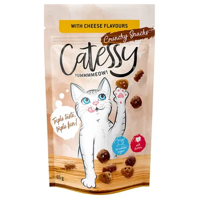 Catessy Crunchy Snacks mit Käsegeschmack, ohne Zuckerzusatz, mit Taurin. Verpackung zeigt eine weisse Katze und die Aufschrift 'Triple taste, triple fun!'. Inhalt: 65 g.