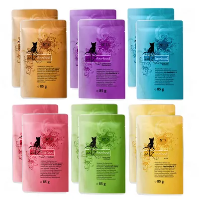 Пакетчета catz finefood за котки, различни номера и цветове: №3, №5, №7, №9, №11, №13, всяко по 85 г. Видим текст на немски език.
