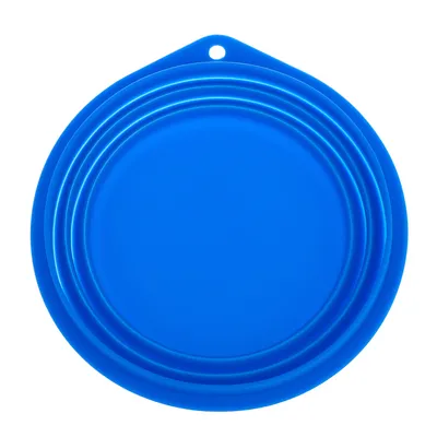 Gamelle ronde bleue en silicone avec rebords et trou pour suspension, vue de dessus. Aucun texte ou marque visible.