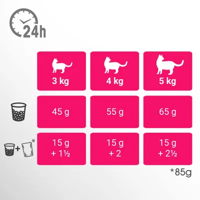 Feeding guide for cats: 3 kg 45 g, 4 kg 55 g, 5 kg 65 g dry food per day; with wet food: 15 g + 1½, 15 g + 2, 15 g + 2½ pouches (85 g each) daily. 24h clock symbol shown.