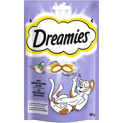 Dreamies prigrizki za mačke z okusom race, hrustljavi zunaj in kremasti znotraj. Vitamini in minerali, le 2 kcal na kos. Velikost pakiranja: 60 g.
