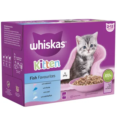 Whiskas Kitten Fish Favourites in Jelly, suitable for kittens aged 2-12 months. Varieties: salmon, tuna, cod, whitefish. Pack contains 12 portions. 100% high-quality ingredients.