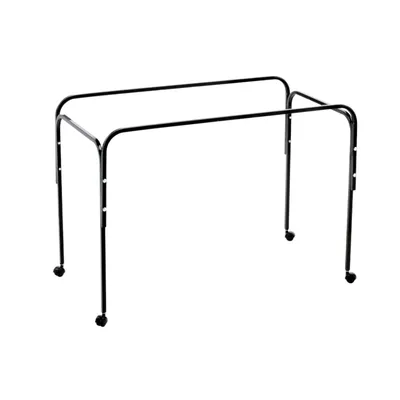 Metal frame stand with four legs and wheels, suitable for supporting cages or enclosures. Adjustable height visible on the sides.
