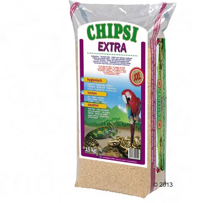 CHIPSI EXTRA Einstreu, hygienisch, trocken, staubfrei, XXL Größe, 15 kg. Geeignet für Reptilien und Vögel. Verpackung zeigt Papagei, Chamäleon und Schildkröten.