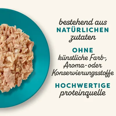 Texte en allemand : bestehend aus natürlichen zutaten, ohne künstliche Farb-, Aroma- oder Konservierungsstoffe, hochwertige proteinquelle. Assiette de nourriture à gauche.