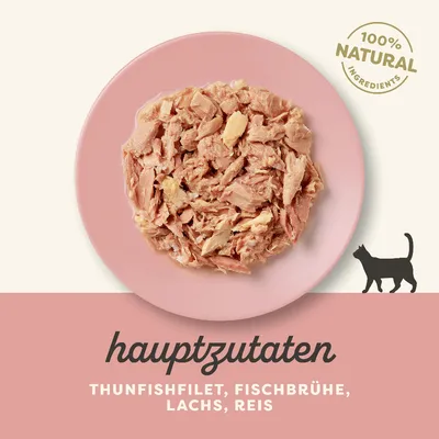 Hauptzutaten: Thunfischfilet, Fischbrühe, Lachs, Reis. 100% natürliche Zutaten. Silhouette einer Katze sichtbar.
