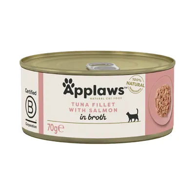 Applaws Natural Cat Food, Tuna Fillet with Salmon in Broth, 70 g. Text: 100% natural ingredients, Certified B Corporation. Bild på kattmat på tallrik.