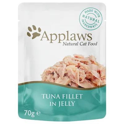 Applaws Natural Cat Food, TUNA FILLET IN JELLY, 70 g. Teksti: Made with natural ingredients. Pussissa näkyy tonnikalafileetä hyytelössä.