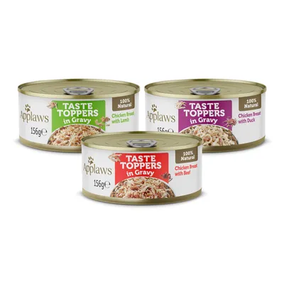 Applaws Taste Toppers in salsa, 100% naturale, lattine da 156g: petto di pollo con agnello (verde), anatra (viola) e manzo (rosso).
