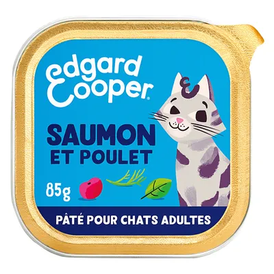 Edgard Cooper Saumon et Poulet, 85g. Pâté pour chats adultes. Verpakking toont illustratie van een kat en ingrediënten. Tekst deels in het Frans.