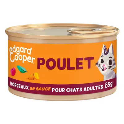Edgard & Cooper POULET, stukken in saus voor volwassen katten, 85g. Tekst op blik: morceaux en sauce pour chats adultes.