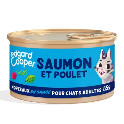 edgard cooper SAUMON ET POULET morceaux en sauce pour chats adultes 85g, boîte avec illustration de chat et éléments végétaux sur l’étiquette bleue