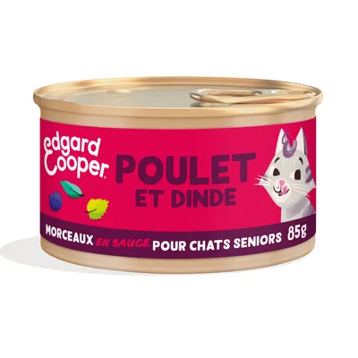 edgard cooper Poulet et dinde, morceaux en sauce pour chats seniors, 85g. Illustration de chat et feuilles sur l’étiquette.