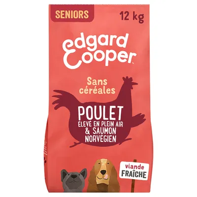 Edgard Cooper Seniors 12 kg, sans céréales, poulet élevé en plein air et saumon norvégien, viande fraîche. Texte visible sur l’emballage.