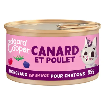 Edgard & Cooper Canard et Poulet, morceaux en sauce pour chatons, 85g. Tekst in het Frans zichtbaar op blik kattenvoer.