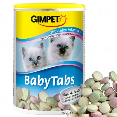 GIMPET BabyTabs med billede af to killinger, teksten 'mit vielen Vitaminen', 'Taurin + L-Carnitin' og synlige tabletter i lyserød, grøn og hvid farve.