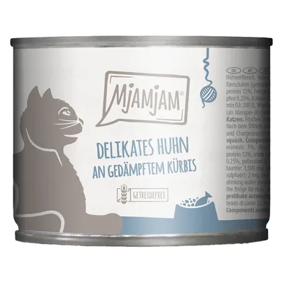 MjAMjAM Delikates Huhn an gedämpftem Kürbis, getreidefrei. Katzenfutter in Dose mit Zutatenangabe und Illustration einer Katze.