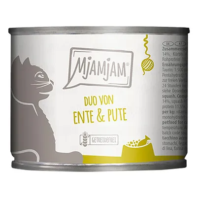 Mjamjam Duo von Ente & Pute, getreidefrei. Abbildung einer Katze und eines Futternapfs auf der Dose.