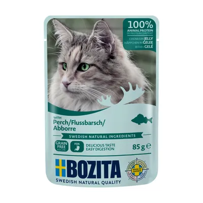 Sobre de comida para gatos Bozita, 85 g, con perca. 100 % proteína animal, receta sin cereales, ingredientes naturales suecos. Texto en inglés y alemán.
