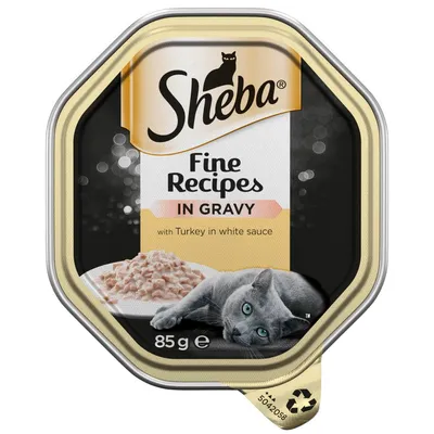 Fine Recipes in Gravy with turkey in white sauce, 85g. Image shows food on a plate and a grey cat lying beside it.
