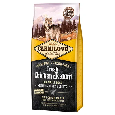 Sac Carnilove into the Wild pour chiens adultes, Fresh Chicken & Rabbit, sans céréales ni pommes de terre, mention 'muscles, os et articulations', viande fraîche, fruits et herbes forestiers.