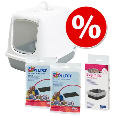 Kattetoilet med låg, to pakker Savic Cat Toilet Home Filter og en pakke Bag it Up litter tray bags large 55 x 40 cm. Rødt procenttegn for tilbud.