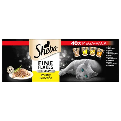 Sheba Fine Flakes in Jelly Poultry Selection 40x mega-pack, showing four pouch varieties: duck, chicken, poultry, and turkey. Image includes a plate of food and ingredient icons.
