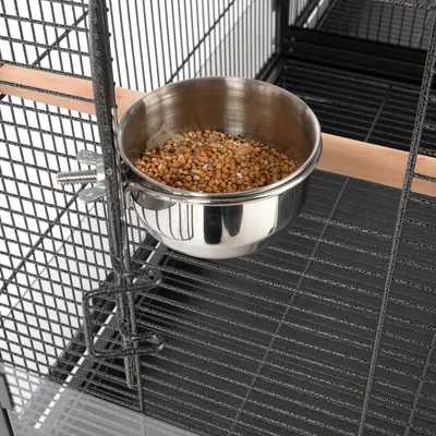 Gamelle en acier inoxydable avec fixation à pince, remplie de graines, montée sur une tige en bois dans une cage en métal.