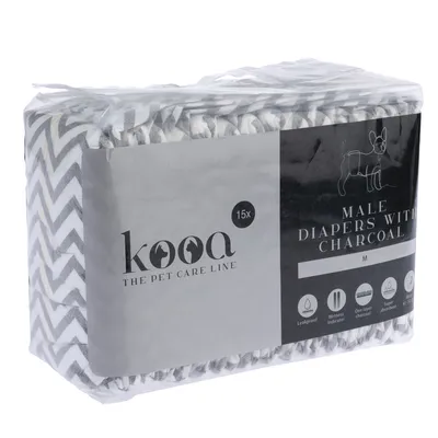 kooa Male Diapers with Charcoal, size M, 15 pieces. Features: leak-proof, wetness indicator, one layer of activated charcoal, super absorbent.
