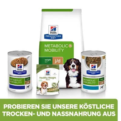Hill's Prescription Diet Metabolic + Mobility Trocken- und Nassnahrung sowie Healthy Weight Treats für Hunde. Text: Probieren Sie unsere köstliche Trocken- und Nassnahrung aus.