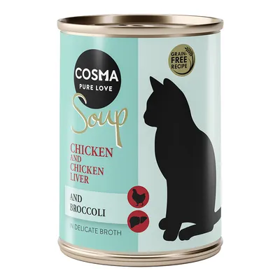 Cosma Pure Love Soup, viljaton resepti, kanaa, kananmaksaa ja parsakaalia hienossa liemessä. Kissan siluetti purkissa.