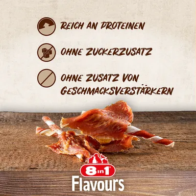 8in1 Flavours. Rijk aan eiwitten, zonder toegevoegde suikers, zonder toegevoegde smaakversterkers.