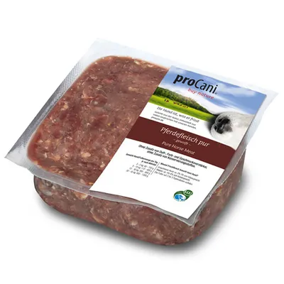 proCani Pferdefleisch pur, ohne Zusatz von Duft-, Farb- und Geschmacksstoffen. Tiefgefrorenes Hundefutter mit Analyse: Protein 21%, Fett 8%, Feuchtigkeit 70%.