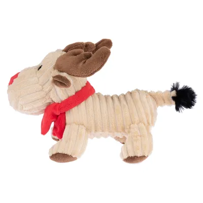 Jouet en peluche beige en forme de renne avec bois marron, foulard rouge et queue noire. Matière côtelée visible sur le corps.
