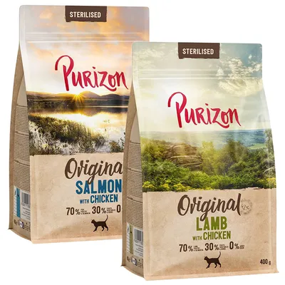 Purizon Sterilised Original Trockenfutter für Katzen, Sorten Lamm mit Huhn und Lachs mit Huhn, 70% Fleischanteil, 30% Gemüse, 0% Getreide, Packungsgrösse 400g.