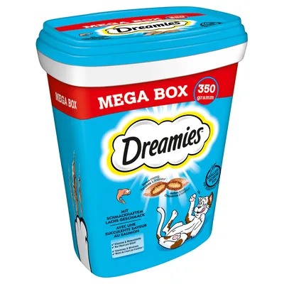 Dreamies MEGA BOX 350 gramm, avec une succulente saveur au saumon, friandises pour chats, boîte bleue et rouge avec illustration de chat et croquettes.