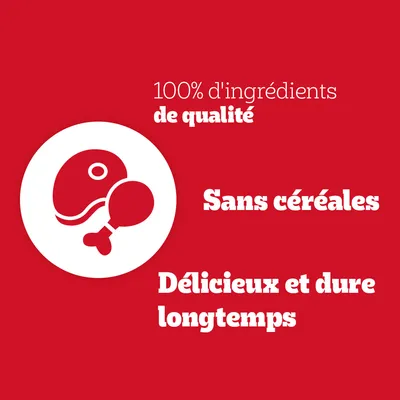 100% d’ingrédients de qualité, Sans céréales, Délicieux et dure longtemps