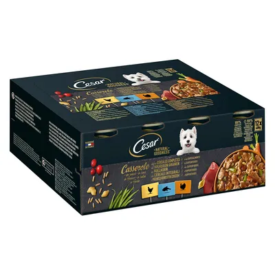 Cesar Natural Goodness Casserole täysjyväkoiranruoka, 12 x 400 g. Pakkauksessa näkyy viljoja, vihanneksia ja lihaa sekä tekstit: 'céréales complètes', 'superfoods'.