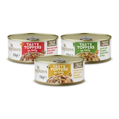 Applaws Taste Toppers in gelatina, lattine da 156g: manzo con carote, fagiolini e lenticchie; pollo con carote, zucchine e ceci; agnello con zucca, patata dolce e piselli. Con ingredienti naturali.