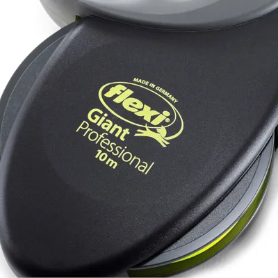 Flexi Giant Professional 10m, Made in Germany. Schwarzes Gehäuse mit gelbem Schriftzug.