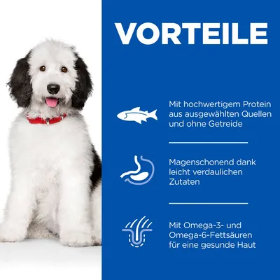 Voordelen: Hoogwaardig eiwit uit geselecteerde bronnen, zonder granen. Licht verteerbare ingrediënten, maagvriendelijk. Omega-3- en omega-6-vetzuren voor een gezonde huid.