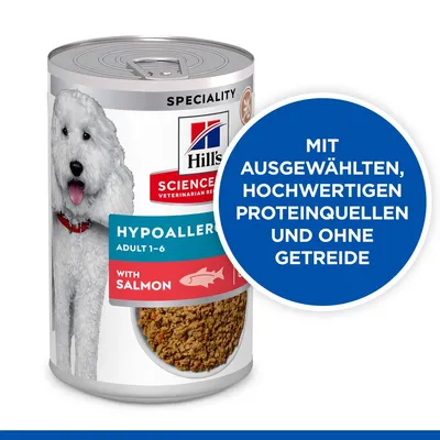 Hill's Science Speciality Hypoallergenic Adult 1-6 mit Lachs. Mit ausgewählten, hochwertigen Proteinquellen und ohne Getreide.