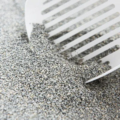 Close-up of grey cat litter being sifted with a white litter scoop.