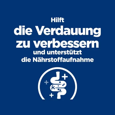 Hilft die Verdauung zu verbessern und unterstützt die Nährstoffaufnahme. Symbol eines Darms mit Pluszeichen.