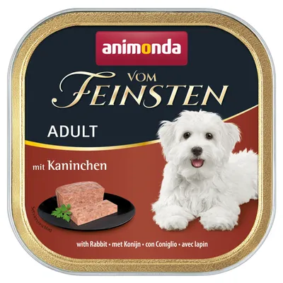 Animonda Vom Feinsten Adult mit Kaninchen. Serviervorschlag: Fleischstück auf schwarzem Teller, weisser Hund abgebildet.