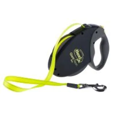 Guinzaglio avvolgibile Flexi Classic neon, impugnatura nera con scritta visibile e fettuccia gialla, moschettone in metallo nero.